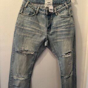 FREE PEOPLE One Teaspoon Florence Saints It Blue Button Fly Rip Accent Jeans NWT
